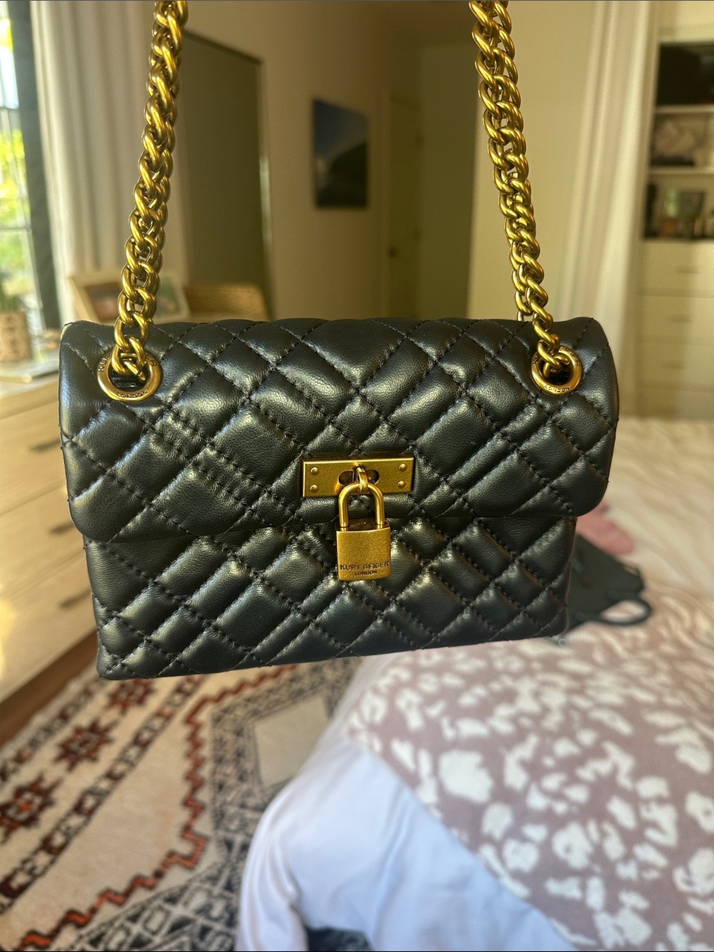 Kurt Geiger Black Quilted Leather Crossbody with Gold Chain-Taking offers!